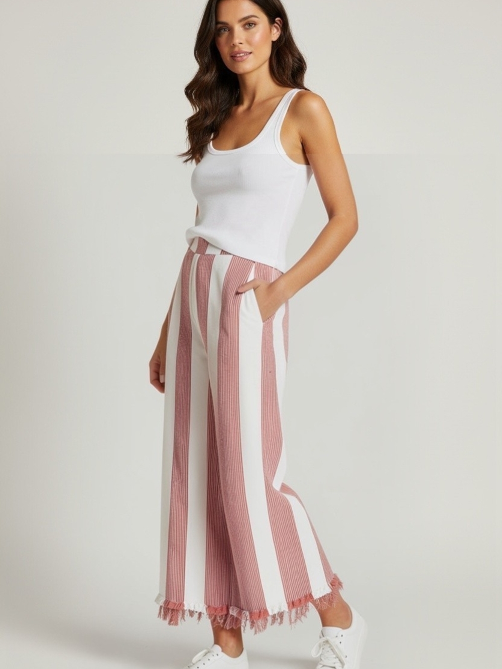 NWT Anthropologie English Factory Red Stripe Fringe Wide Leg Pants Size Medium